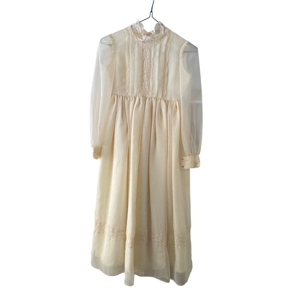 Vintage‎ Ivory Sheer Long Sleeve Lace Dress High Neck Buttoned Cuffs Handmade